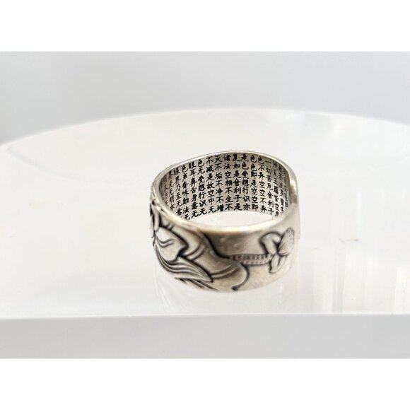 Lotus Buddhist Heart Sutra Embossed 925 Sterling Silver Vintage Ring - sz 8.5 - Picture 8 of 15